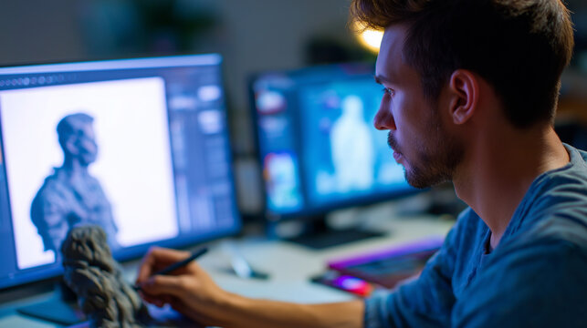 Game design artist sculpting detailed character models using digital sculpting tools with concept art references and texture maps visible on surrounding screens in modern game dev