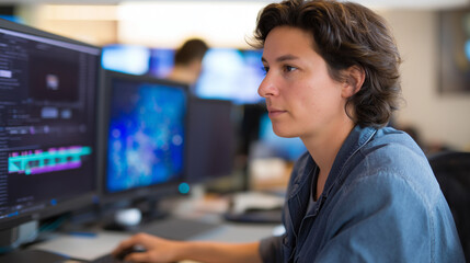 Motion graphics artist animating corporate branding elements using timeline based software with keyframe animations and effects parameters visible on multiple cinema displays in