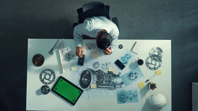 Top down view of skilled engineer writing and planning turbine engine design while sitting at meeting table with gear and electronic generator scatter around. Technician taking a note. Alimentation.