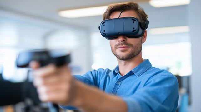 VR experience designer building immersive educational environments using Unity 3D platform with virtual reality headset and motion tracking controllers for testing interactive lea