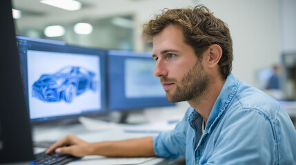 Automotive designer sculpting vehicle exteriors using advanced CAD software with aerodynamic analysis and surface modeling tools displayed on curved monitor array in design studio