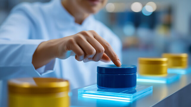 Packaging designer creating sustainable product containers using environmental impact modeling software with material lifecycle analysis and consumer appeal testing displayed