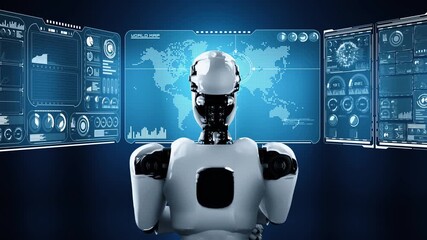 Thinking AI hominoid robot analyzing hologram screen showing concept big data analytic using artificial intelligence by machine learning process. 3D rendering. - Powered by Adobe