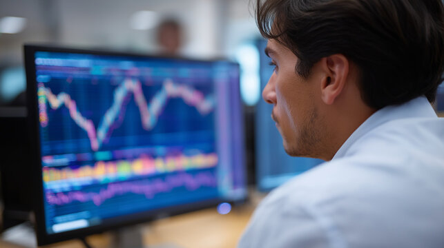 Financial data analyst examining real time market trends through interactive 3D holographic displays with stock price movements and trading volumes floating above high resolution