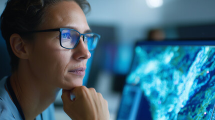 Cybersecurity analyst monitoring threat detection systems through immersive data visualization with network security patterns and attack vectors displayed in three dimensional