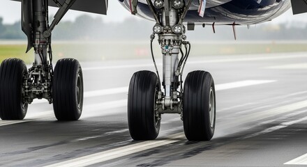 Close up of airplane landing gear on wet tarmac during daytime