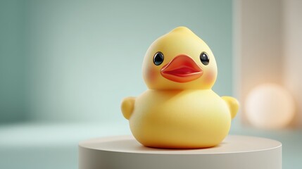 Cheerful yellow rubber duck sitting on a simple round pedestal, illuminated by gentle studio light to showcase its vibrant and classic children’s toy appeal.