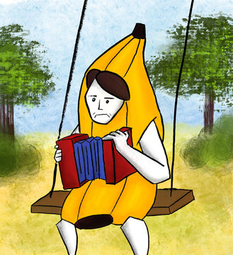 Illustration of Man in Banana Costume Playing
Accordion