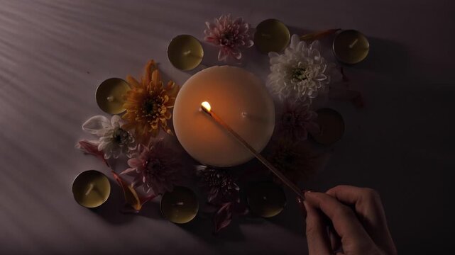 Celebration of Diwali or Deepavali holiday in India with candles and flowers in the evening at night close-up. Hindus celebrate the festival of lights