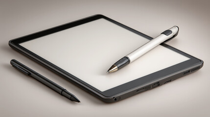 Sleek digital tablet paired with a matching stylus and pen, resting on a bright neutral surface with soft shadows, ideal for productivity themes.

