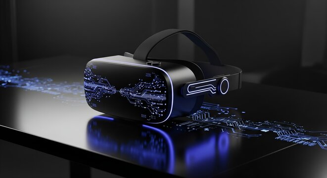 Sleek Matte Black VR Headset with Blue-Violet Light Trails and Abstract Data Reflection on a Dark Tech Desk under Dramatic Studio Lighting for Commercial Virtual Reality.