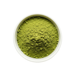 Whisked matcha powder in a white bowl ready for brewing a delicious green tea transparent background