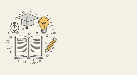 Obraz premium Minimalist Line Art Education Banner with Flat Icons and Space for Text