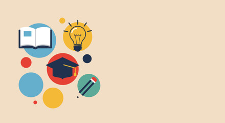 Modern Flat Style Educational Banner with Books, Graduation Cap, Light Bulb and Pencil Elements