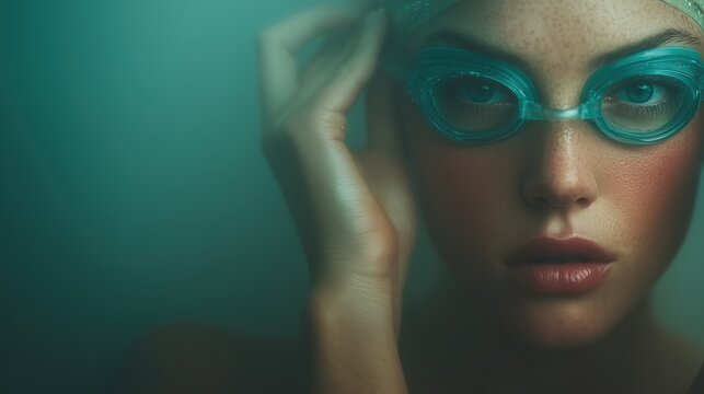 Beautiful female swimmer adjusting bright blue goggles, luminous skin and teal underwater atmosphere for a dynamic sports portrait.

 - Powered by Adobe