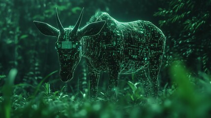 Digital antelope in lush forest, futuristic animal concept, ai generated wildlife, tech nature blend art