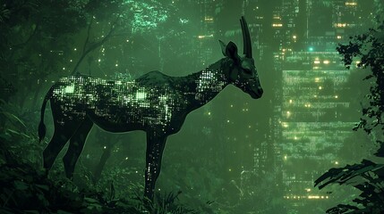 Digital deer in futuristic forest concept art with glowing lights and cyberpunk city background design