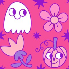 Autumn harvest vegetable seamless monster Halloween pumpkins pattern for wrapping paper and fabrics