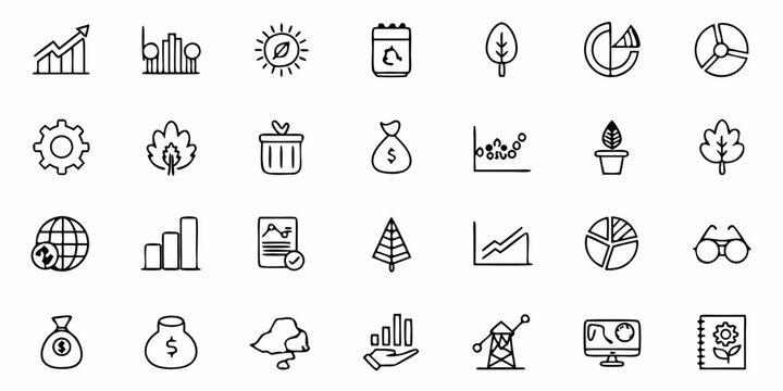 Discover a versatile collection of hand-drawn business and finance icons perfect for modern presentations, infographics, and digital projects, conveying growth, strategy, and environmental awareness.