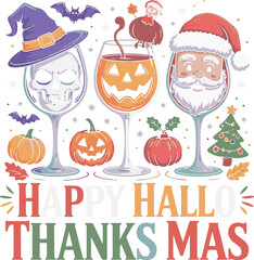 Fototapeta premium Halloween and Christmas wine glasses with Santa skull pumpkin and turkey