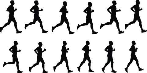 Running, silhouette, motion, stride, athlete, animation, biomechanics, sports, vector, profile, loop, sequence, jogging, sprint, pose, movement, training, exercise, fitness, illustration