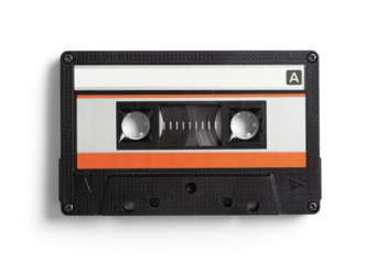 Optically captured and isolated realistic black cassette tape with orange stripe and a shadow, transparent background
