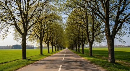 Fototapeta premium Springtime Road Lined with Young Trees Leading to Fields