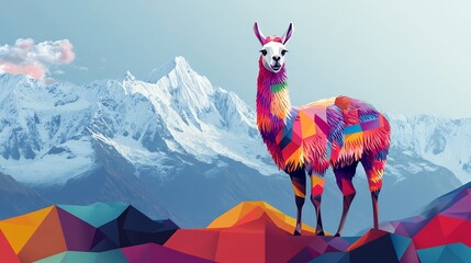 Colorful geometric llama alpaca illustration with mountain background digital art design print