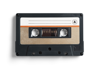 An isolated vintage-style cassette tape casting a soft shadow that emphasizes its presence and shape on a flat surface.
