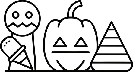 Halloween Icons Candy Corn Pumpkin and Ice Cream Cone Line Art vector illustration