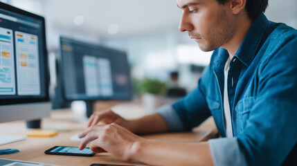 Web designer developing responsive user interfaces using collaborative design platforms with wireframes and prototyping tools synchronized across team members in modern digital