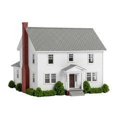 Charming white two-story house with red chimney and lush greenery miniature model transparent background