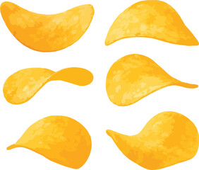 Six Golden Potato Chips Various Shapes White Background