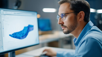 Industrial designer developing medical device prototypes using biocompatible material simulation software with safety testing parameters and manufacturing feasibility analysis dis