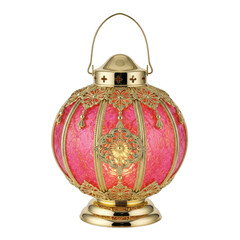 Antique style ornate lantern featuring rich pink glass and polished gold metal accents transparent background
