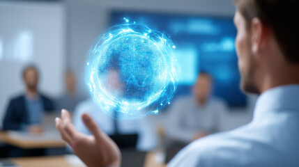 Teacher lectures on AI with futuristic holographic interface and data visualization teaching diverse students in a modern classroom with interactive presentation highlighting