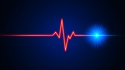 Red neon heartbeat waveform with blue light burst electrocardiogram medical