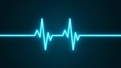 Vibrant cyan electrocardiogram pulse line against dark background blue