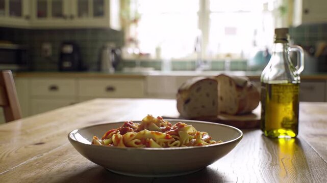 Delicious Pappardelle Pasta with Tomato Sauce, Fresh Bread and Olive Oil in a Bright Kitchen