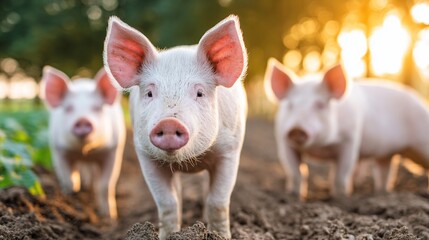Young Cute Piglets in Sunlit Farm Field During Golden Hour