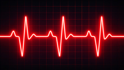 Vivid red electrocardiogram waveform against a dark grid background heart beat