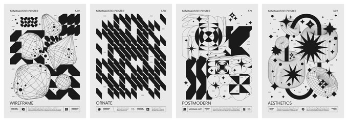 Brutalism style vector minimalistic Posters with silhouette postmodern figures, Futuristic abstract graphic wireframe elements of geometric shapes rave composition, Trendy modern print artwork set 93
