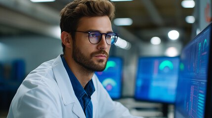 Manufacturing quality control analyst monitoring production metrics through industrial IoT dashboards with efficiency indicators and defect rates visualized in real time holograph