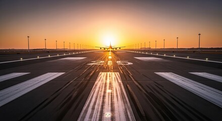 Obraz premium Airplane approaching runway during a beautiful sunset with dramatic lighting
