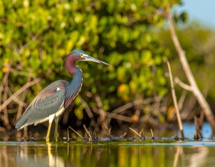 Heron wading in shallow water, surrounded by greenery