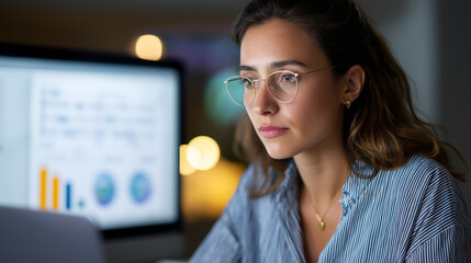 Human resources data specialist analyzing workforce analytics through employee performance dashboards with retention rates and productivity metrics displayed for strategic talent