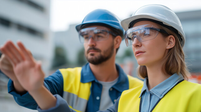 Diverse architect couple working on a construction site using futuristic augmented reality software with a building 3D blueprint visualization while male engineer interacts with