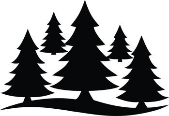 Flat Isometric Vector of Coniferous Forest Silhouettes – Minimalist Black and White Pine, Evergreen and Christmas Tree Illustration
