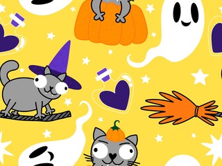 Halloween animals seamless cats pattern for wrapping paper and fabrics and linens and kids clothes print