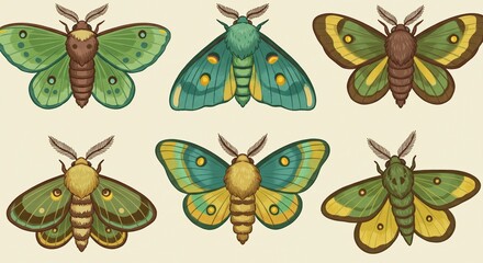 Enchanting collection of six beautifully illustrated moths in vibrant green and yellow hues, showcasing intricate patterns and delicate antennae for natural, whimsical designs.